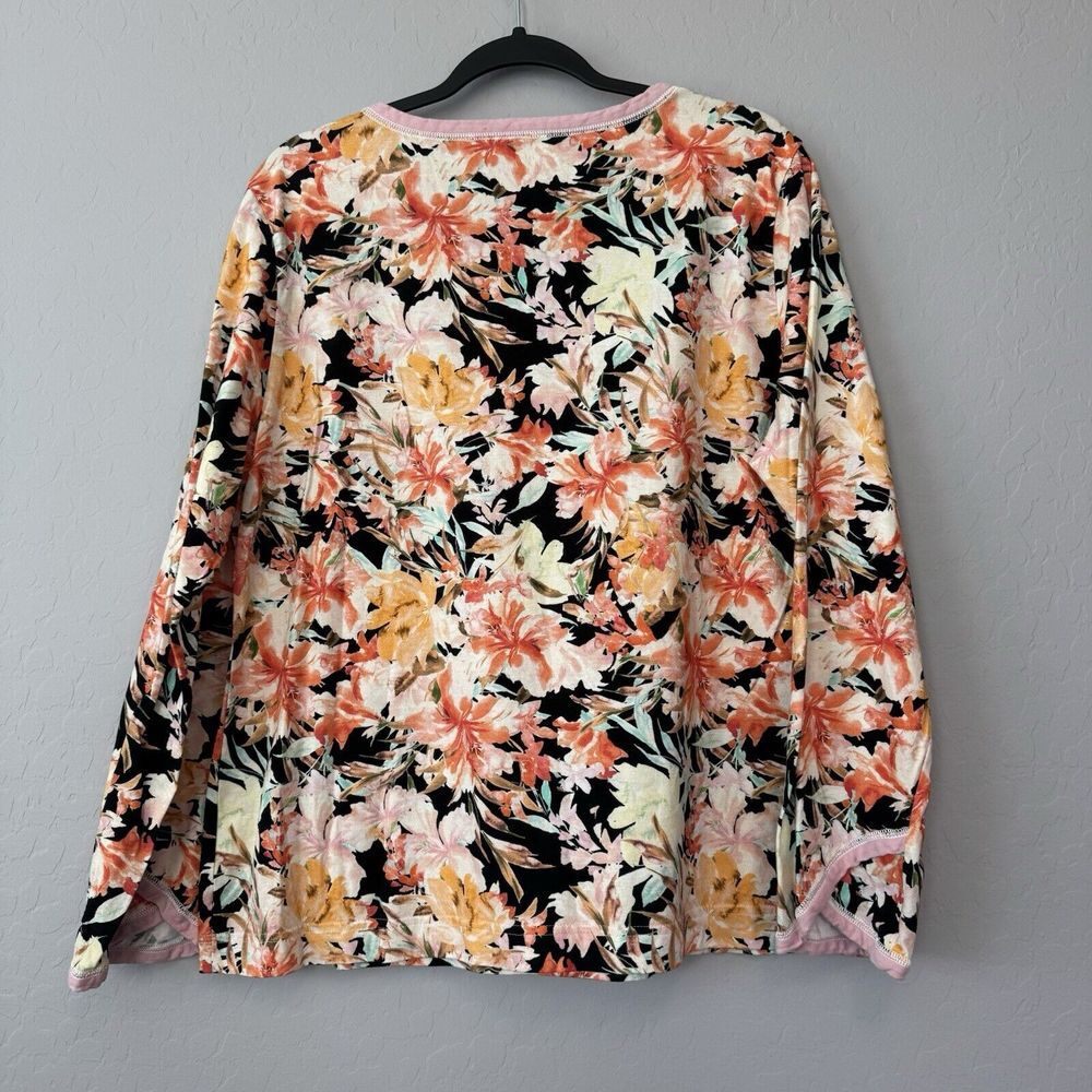 Garnet‎ Hill XLarge Black Pink Orange Floral Cotton Cross Front Long Sleeve Top - Picture 5 of 5